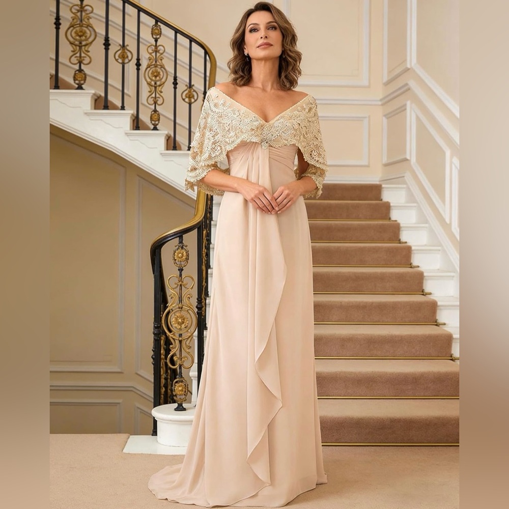 JAEDEN Lace Long Chiffon Wedding Off the Shoulder Dress/Gown in Dusty Rose - Picture 4 of 14
